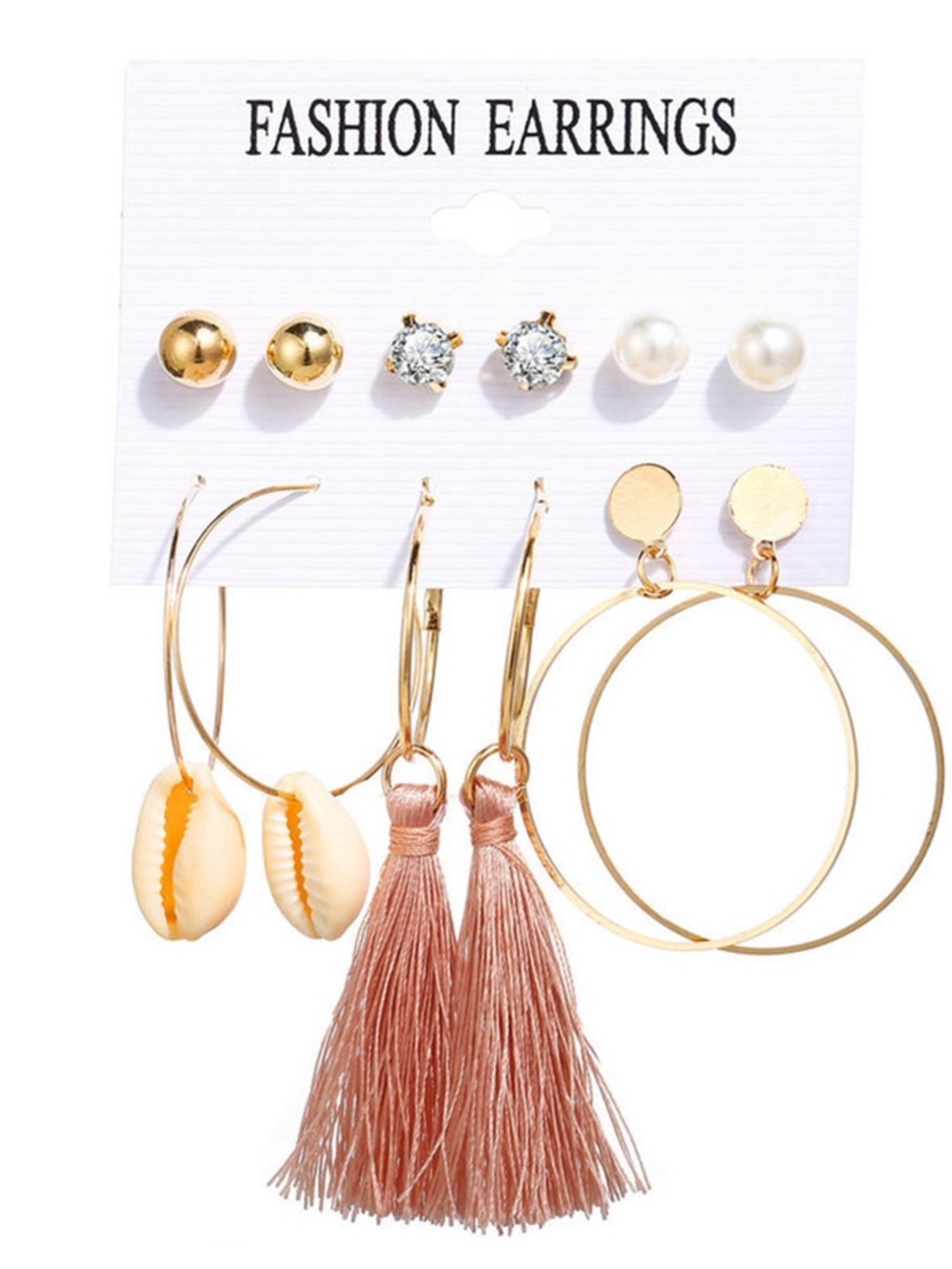 Fashion Earrings Set - Gold & Blush Tassel, Shell & Pearl Styles